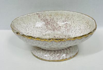 Vintage Ceramic Pottery Planter cream & brown bowl on pedestal with gold leaf trim
