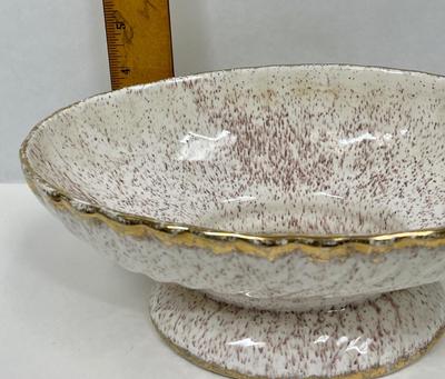 Vintage Ceramic Pottery Planter cream & brown bowl on pedestal with gold leaf trim
