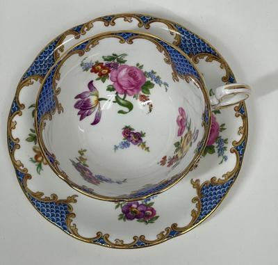 Aynsley England Bone China Tea Cup & Saucer blue and white with pink roses
