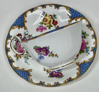 Aynsley England Bone China Tea Cup & Saucer blue and white with pink roses