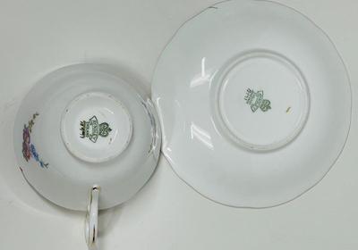 Aynsley England Bone China Tea Cup & Saucer blue and white with pink roses