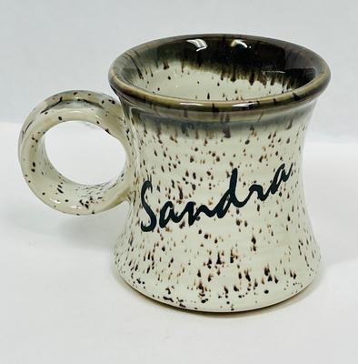 Hand-thrown Pottery Coffee Mug personalized with {"Sandra" from Clay in Mina" in San Diego CA