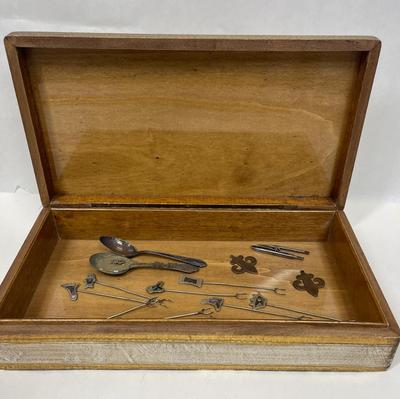 VIntage Odds and Ends Lot - Misc Pieces - 2 small silver plate spoons, 2 copper pendants, picks, etc inside box