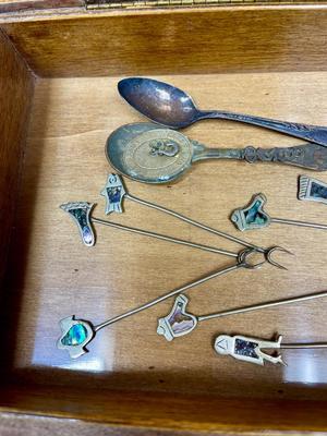 VIntage Odds and Ends Lot - Misc Pieces - 2 small silver plate spoons, 2 copper pendants, picks, etc inside box