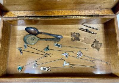 VIntage Odds and Ends Lot - Misc Pieces - 2 small silver plate spoons, 2 copper pendants, picks, etc inside box