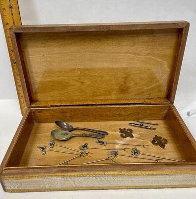 VIntage Odds and Ends Lot - Misc Pieces - 2 small silver plate spoons, 2 copper pendants, picks, etc inside box