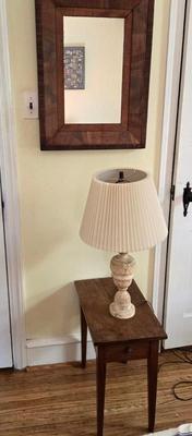 LOT 1X : Small Wooden Side Table With Drawer, Table Lamp, and Wood Framed Mirror