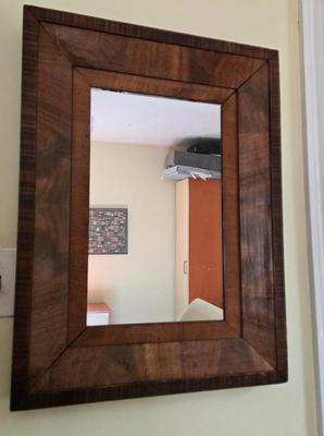 LOT 1X : Small Wooden Side Table With Drawer, Table Lamp, and Wood Framed Mirror