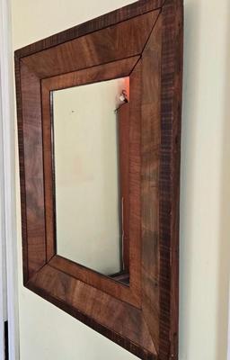 LOT 1X : Small Wooden Side Table With Drawer, Table Lamp, and Wood Framed Mirror