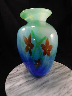 10” Encased Art Glass Floral Murano Style Vase, Thick
