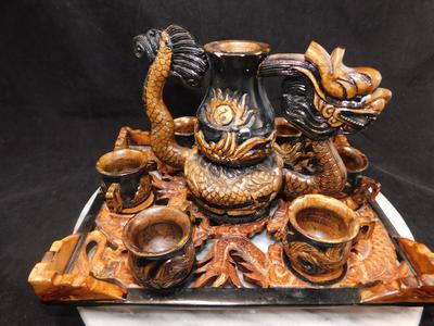 Carved Plaster Serpent Tea Set w/ Serving Tray 9.75”x8”x6”