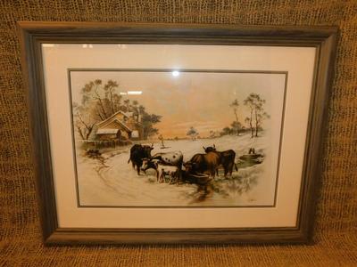 Framed & Matted Winterscape Cows in Barnyard Print 30”x23”