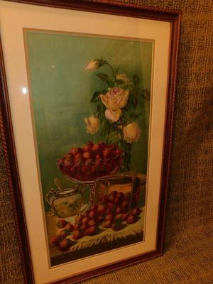 Vintage Framed & Matted Strawberries Print 32”x19”