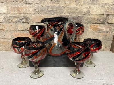 Blown glass swirl pattern sangria set