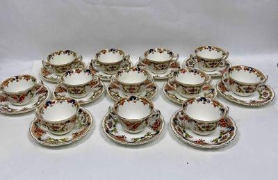 Lot of (12) DOUBLE-HANDEL CUP & SAUCER SET - Antique John Maddock and Son Royal Vitreous, English Transfer ware, Majestic Pattern 1875