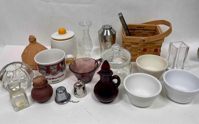 Misc. Kitchen Lot - Campbell's Soup Cup, Garlic Holder, Red Glass Cruet, Basket, etc