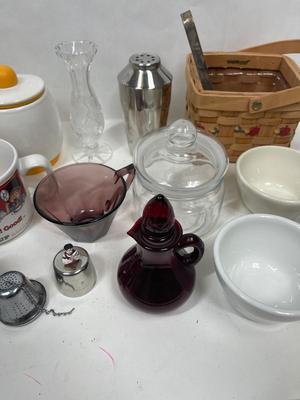 Misc. Kitchen Lot - Campbell's Soup Cup, Garlic Holder, Red Glass Cruet, Basket, etc