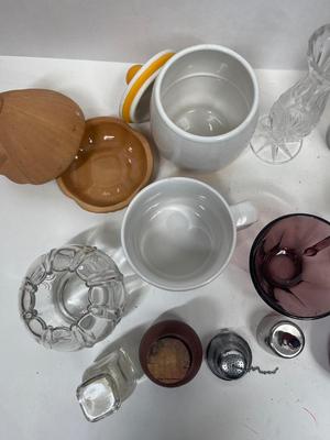 Misc. Kitchen Lot - Campbell's Soup Cup, Garlic Holder, Red Glass Cruet, Basket, etc