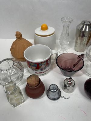 Misc. Kitchen Lot - Campbell's Soup Cup, Garlic Holder, Red Glass Cruet, Basket, etc