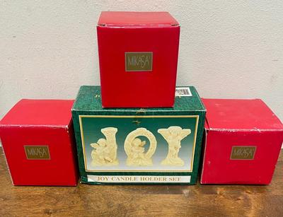Christmas Decor Lot - Mikasa Crystal Mugs & Ceramic "JOY" candlestick holders
