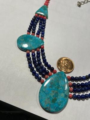 DTR/Jay King New Never Worn Turquoise/Lapis/Coral Bead 18-20" Adjustable Necklace w/Sterling Silver Clasp & Chain as Pictured....