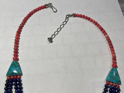 DTR/Jay King New Never Worn Turquoise/Lapis/Coral Bead 18-20" Adjustable Necklace w/Sterling Silver Clasp & Chain as Pictured....