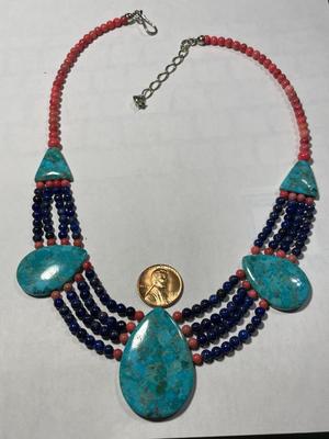 DTR/Jay King New Never Worn Turquoise/Lapis/Coral Bead 18-20" Adjustable Necklace w/Sterling Silver Clasp & Chain as Pictured....
