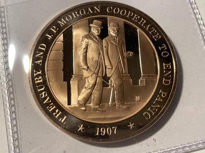 1907 TREASURY & JP MORGAN COOPERATE TO END PANIC FRANKLIN MINT PROOF BRONZE MEDAL (MEDAL #43). FREE DOMESTIC SHIPPING.