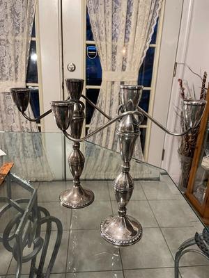 Vintage Mid-Century Pair of Sterling Silver Weighted 3-Tier Convertible Candelabras 11.75" Tall in Good Preowned Condition. FREE...