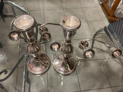 Vintage Mid-Century Pair of Sterling Silver Weighted 3-Tier Convertible Candelabras 11.75" Tall in Good Preowned Condition. FREE...