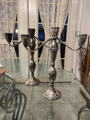 Vintage Mid-Century Pair of Sterling Silver Weighted 3-Tier Convertible Candelabras 11.75" Tall in Good Preowned Condition. FREE...