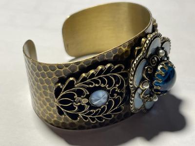 Vintage Preowned OLLIPOP Cuff Bracelet Hammered Brass Enameled w/Assorted Stones as Pictured. (Standard Size Wrist).