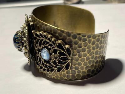 Vintage Preowned OLLIPOP Cuff Bracelet Hammered Brass Enameled w/Assorted Stones as Pictured. (Standard Size Wrist).