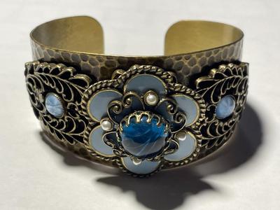 Vintage Preowned OLLIPOP Cuff Bracelet Hammered Brass Enameled w/Assorted Stones as Pictured. (Standard Size Wrist).