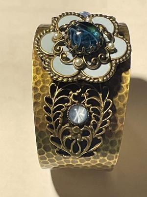 Vintage Preowned OLLIPOP Cuff Bracelet Hammered Brass Enameled w/Assorted Stones as Pictured. (Standard Size Wrist).