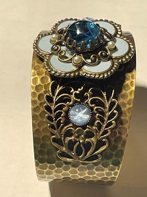 Vintage Preowned OLLIPOP Cuff Bracelet Hammered Brass Enameled w/Assorted Stones as Pictured. (Standard Size Wrist).