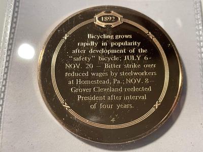 1892 BICYCLE CRAZE GROWS IN AMERICA FRANKLIN MINT PROOF BRONZE MEDAL (MEDAL #39). FREE DOMESTIC SHIPPING.