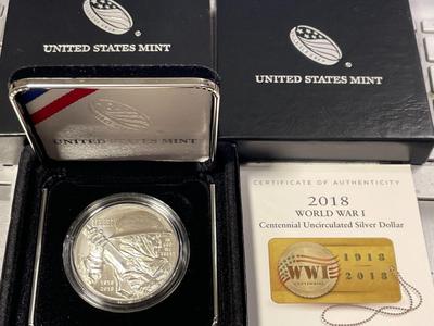 2018-P Uncirculated World War One WWI Centennial Commemorative Silver Dollar in Original Box as Pic'd. FREE DOMESTIC SHIPPING.