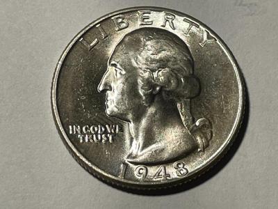 1948-P BRILLIANT UNCIRCULATED CONDITION WASHINGTON SILVER QUARTER AS PICTURED. FREE DOMESTIC SHIPPING.