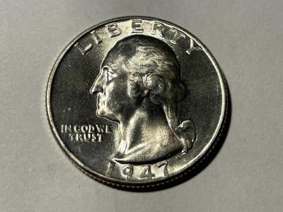 1947-D CHOICE BRILLIANT UNCIRCULATED CONDITION WASHINGTON SILVER QUARTER AS PICTURED. FREE DOMESTIC SHIPPING.
