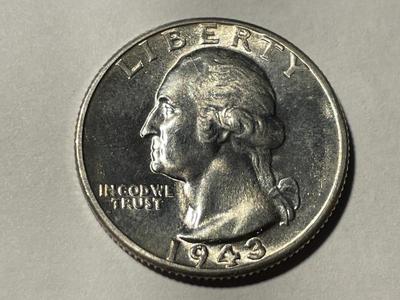 1943-P UNCIRCULATED CONDITION WASHINGTON SILVER QUARTER AS PICTURED. FREE DOMESTIC SHIPPING.