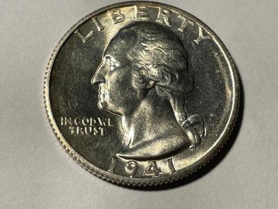 1941-S CHOICE BRILLIANT UNCIRCULATED CONDITION WASHINGTON SILVER QUARTER AS PICTURED. FREE DOMESTIC SHIPPING.