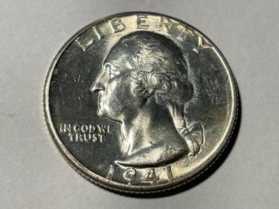 1941-D BRILLIANT UNCIRCULATED CONDITION WASHINGTON SILVER QUARTER AS PICTURED. FREE DOMESTIC SHIPPING.