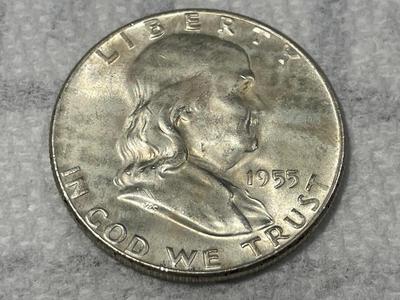 1955 UNCIRCULATED CONDITION CLEANED "BUGS BUNNY" VARIETY FRANKLIN SILVER HALF DOLLARS AS PICTURED.