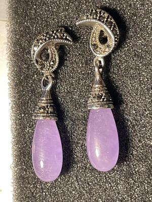 Vintage Scarce Chinese Export Lavender Jadeite Sterling Silver Marcasite Dangling Earrings in VG Preowned Condition. FREE DOMESTIC SHIPPING.