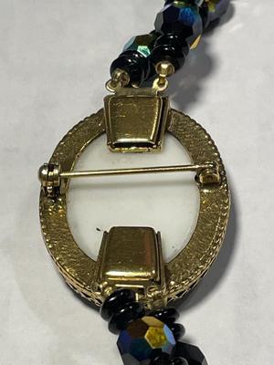 Vintage Double Strand Black Crystal Bead Necklace 24" Long w/Cameo Clasp in VG Preowned Condition as Pic'd.
