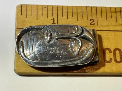 Vintage Designer Picasso Style Double Face Solid Sterling Silver Money Clip in Good Preowned Condition.