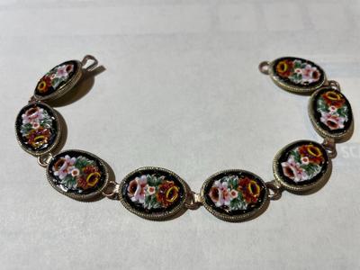 Vintage Micro Mosaic Bracelet, Multicolor Floral Micro Mosaic 7.5" Bracelet in Good Preowned Condition.