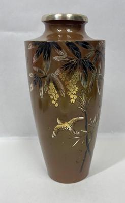 Vintage 19th Century Japanese Meiji Bronze Mixed Metal Vase Signed Birds Flowers Grapes 8.5"