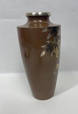 Vintage 19th Century Japanese Meiji Bronze Mixed Metal Vase Signed Birds Flowers Grapes 8.5"